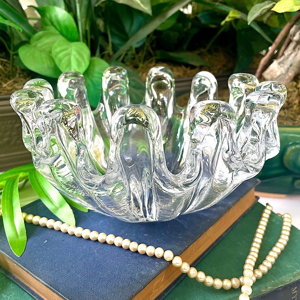 Murano Style Hand Blown Clear Glass Decorative Bowl 3.5” Tall 7”